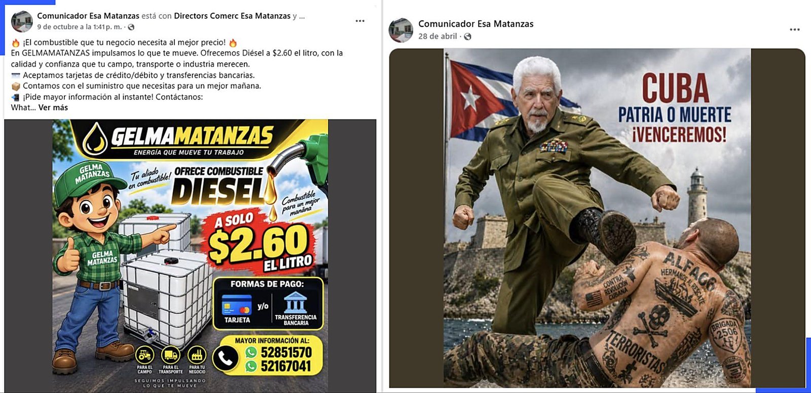Publicaciones en Facebook de la Empresa de Suministros Agropecuarios de Matanzas: oferta de diésel a 2,60 dólares y una imagen con tatuajes de Hermanos al Rescate